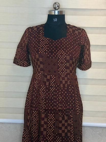 Coffee Brown Geometric Buta Print Budget Friendly Frock
