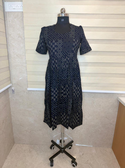 Navy Blue Geometric Buta Print Budget Friendly Frock