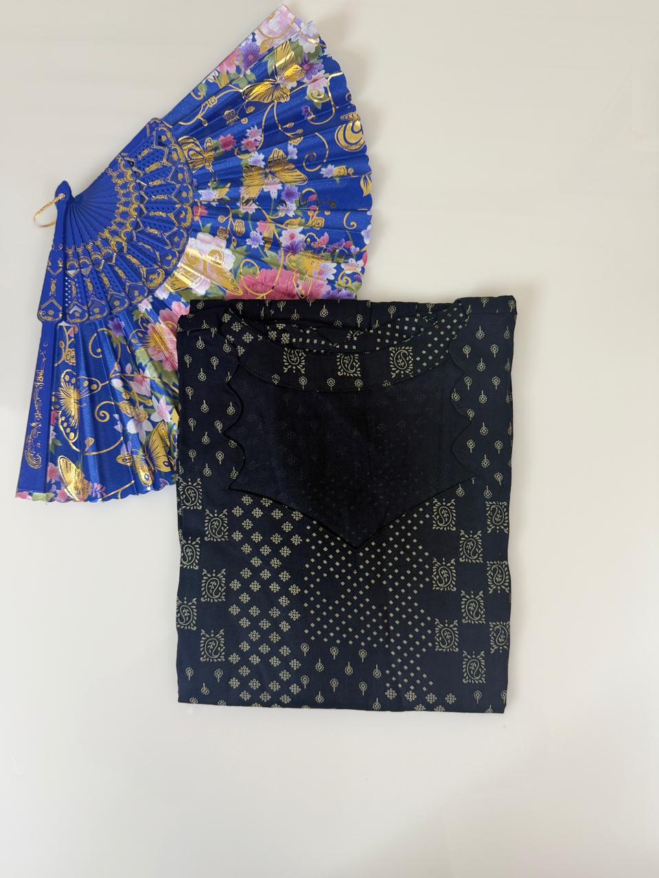 Navy Blue Geometric Buta Print Budget Friendly Frock