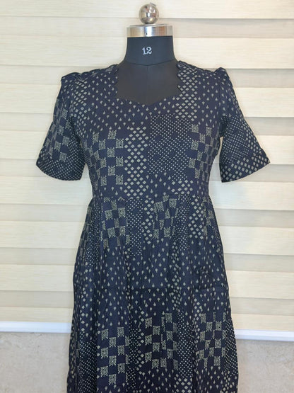 Navy Blue Geometric Buta Print Budget Friendly Frock