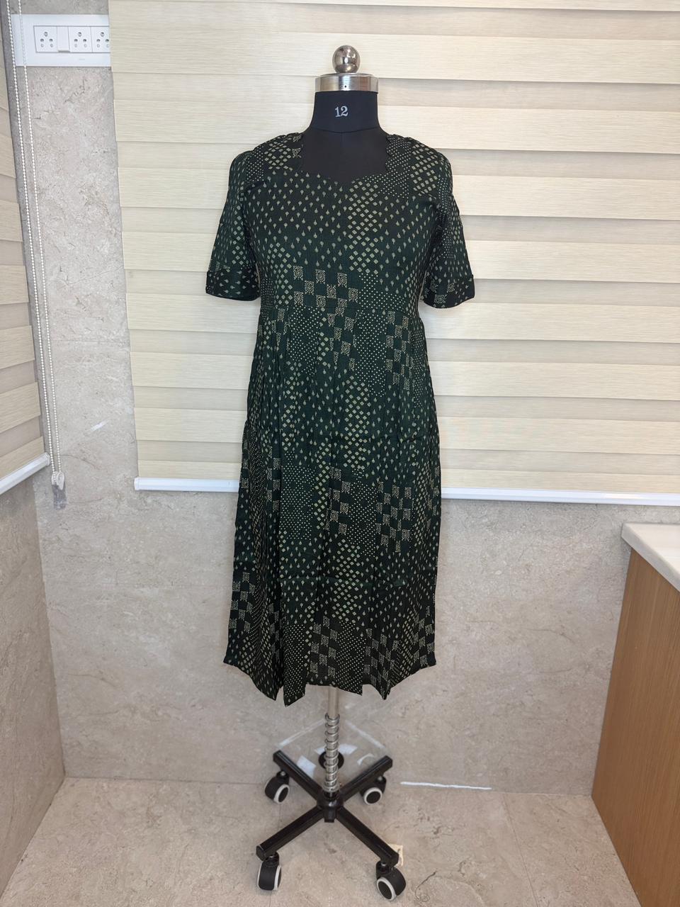 Bottle Green Geometric Printed Fit & Flare Midi Frock