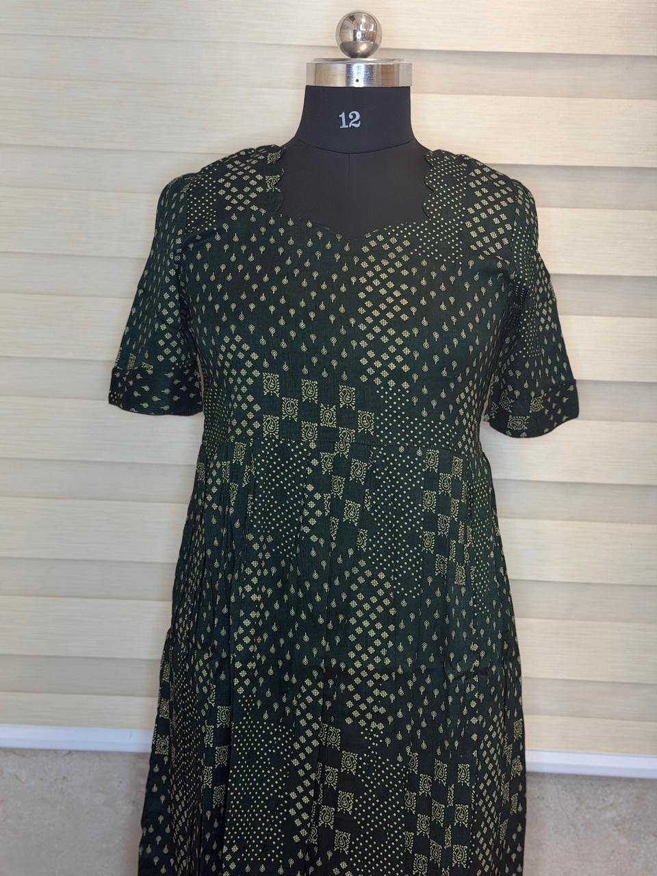 Bottle Green Geometric Printed Fit & Flare Midi Frock