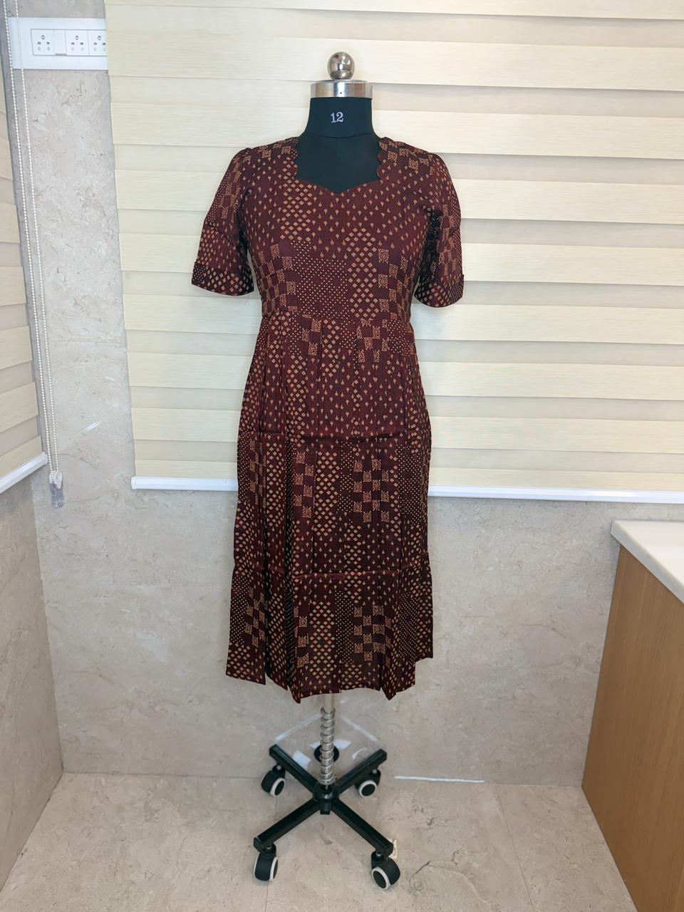 Coffee Brown Geometric Buta Print Budget Friendly Frock