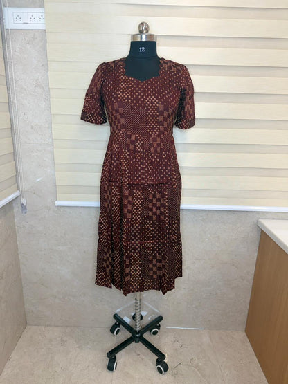 Coffee Brown Geometric Buta Print Budget Friendly Frock