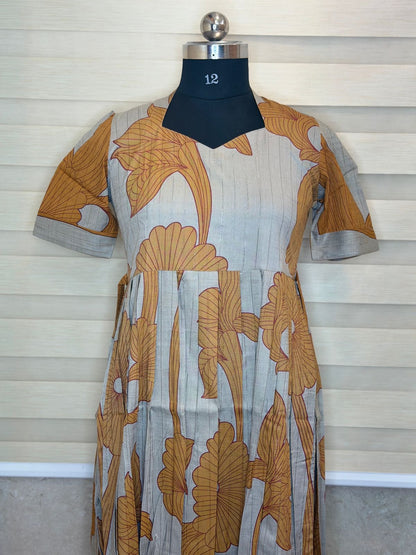 Beige Mustard Abstract Floral Print Budget Friendly Frock