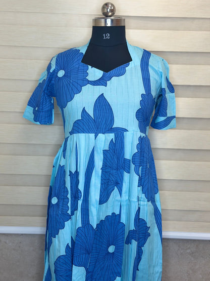 Sky Blue Tropical Floral Print Budget Friendly Frock