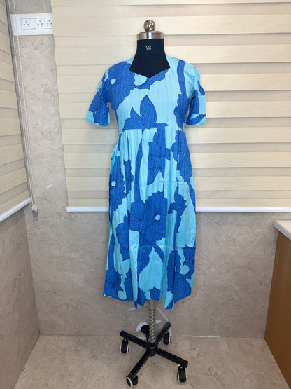 Sky Blue Tropical Floral Print Budget Friendly Frock