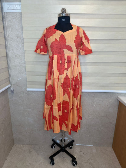 Peach Coral Oversized Floral Print Budget Friendly Frock