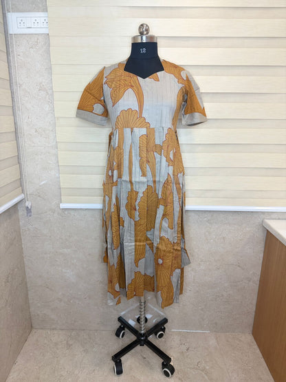 Beige Mustard Abstract Floral Print Budget Friendly Frock