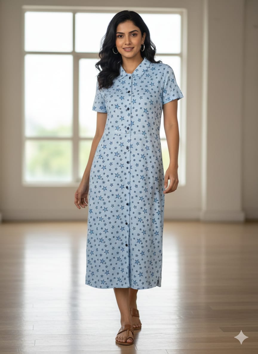 Light Blue Star Print Front Open Long Tunic
