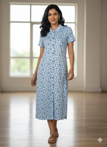 Light Blue Star Print Front Open Long Tunic