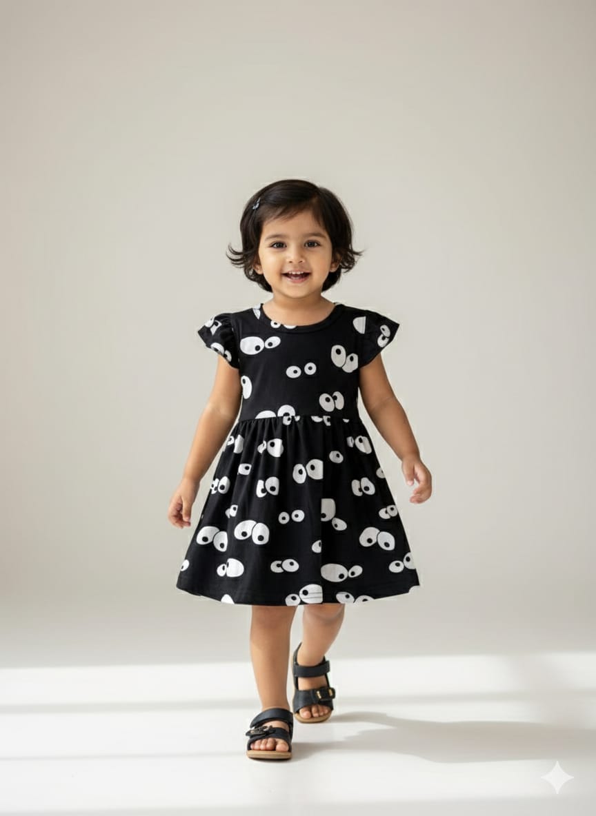 Black Abstract Eyes Print Kids Frock