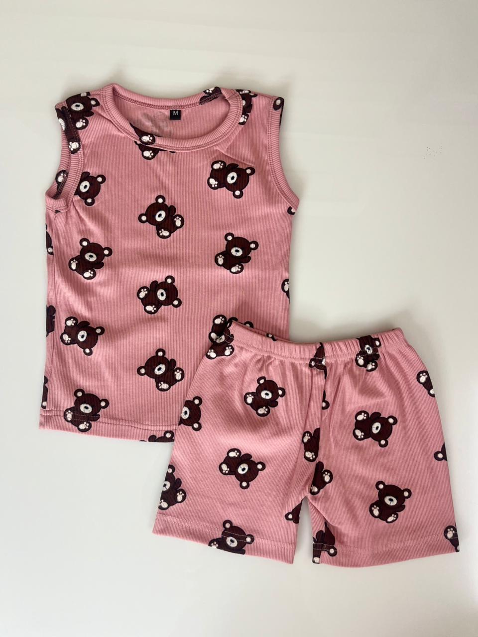 Baby Pink Teddy Bear All-Over Print Kids Sleeveless Co-ord Set