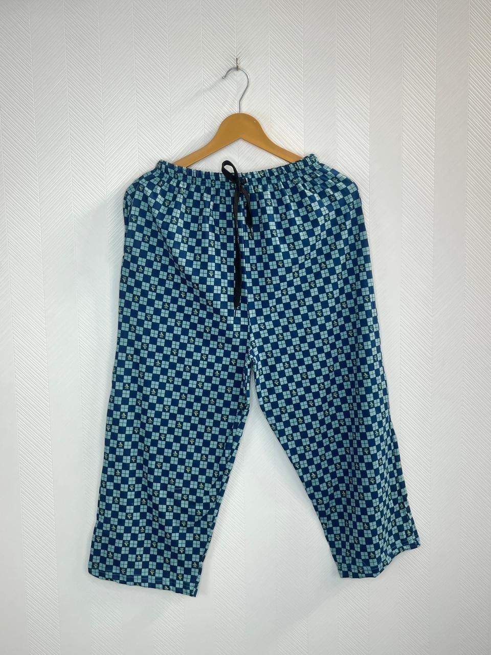 Teal Blue Geometric Checkered Print Cotton 3/4th Pants