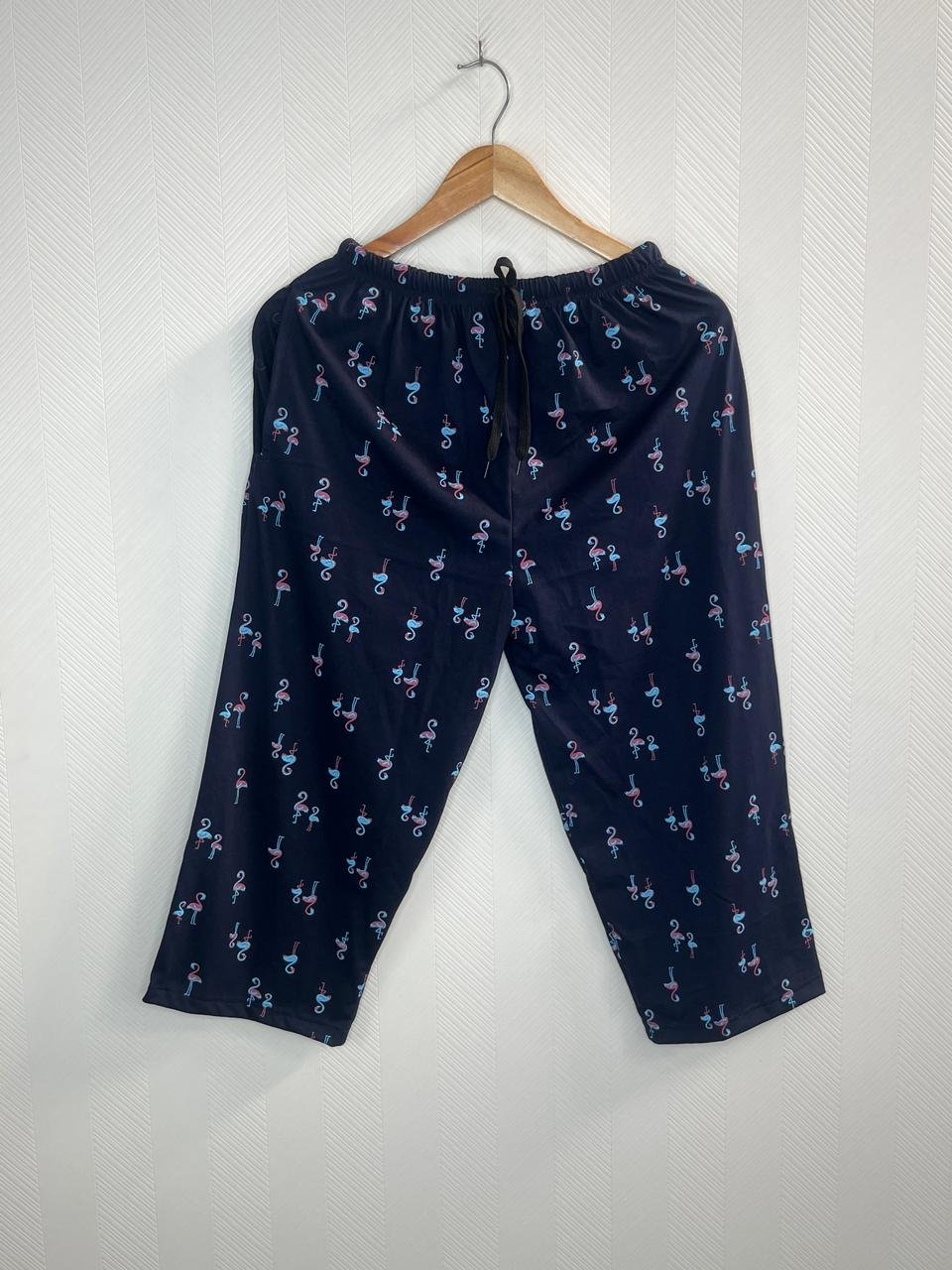 Navy Blue Flamingo Print Cotton 3/4th Pants