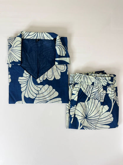 Navy Blue with White Floral Printed Outdoor Wear Cotton Coords