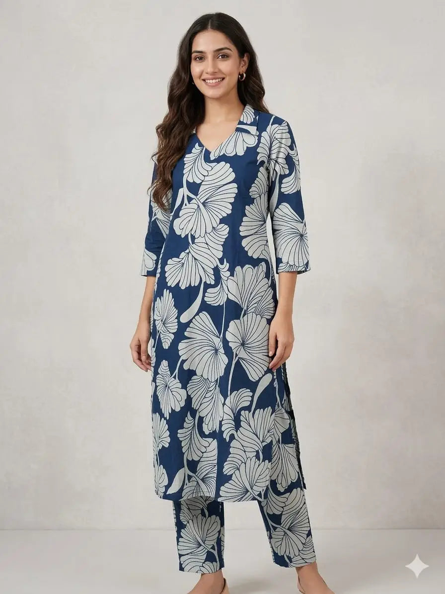 Navy Blue with White Floral Printed Outdoor Wear Cotton Coords