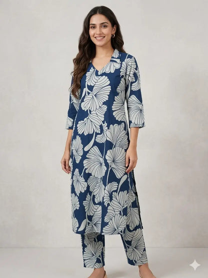 Navy Blue with White Floral Printed Outdoor Wear Cotton Coords