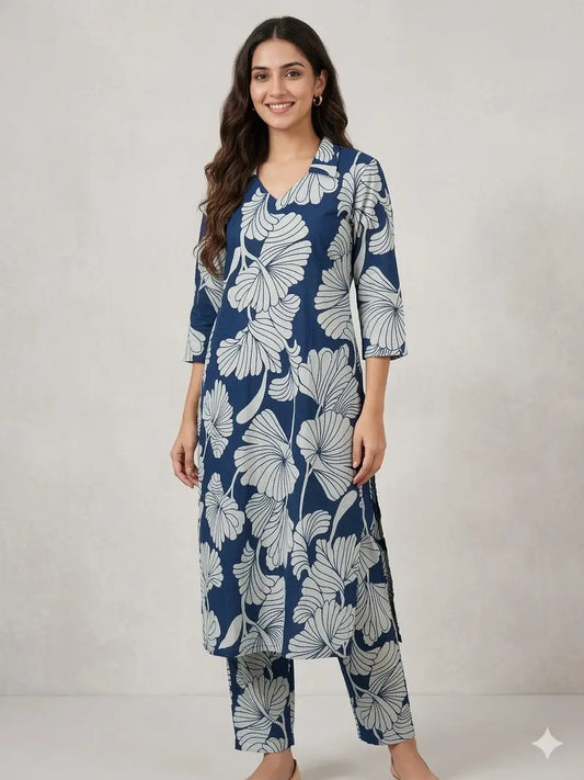 Navy Blue with White Floral Printed Outdoor Wear Cotton Coords
