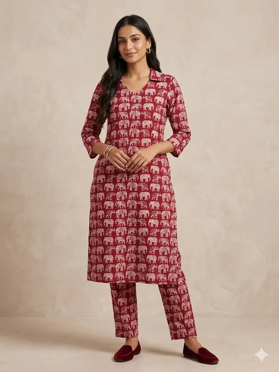 Red with Elephant Printed Outdoor Wear Cotton Coords