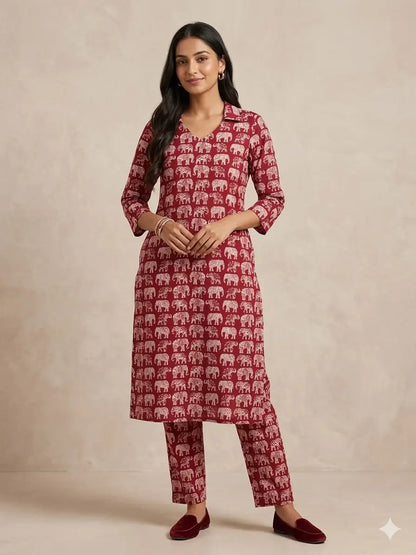 Red with Elephant Printed Outdoor Wear Cotton Coords