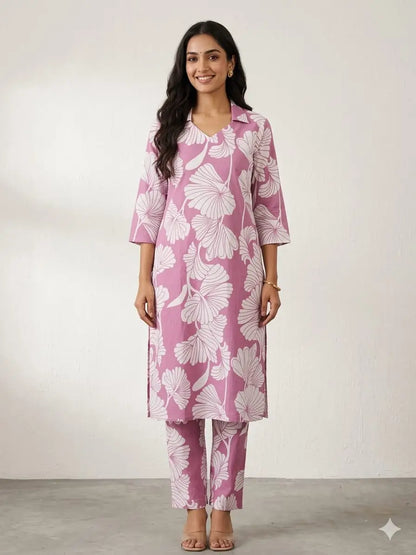 Pink with White Floral Printed Outdoor Wear Cotton Coords