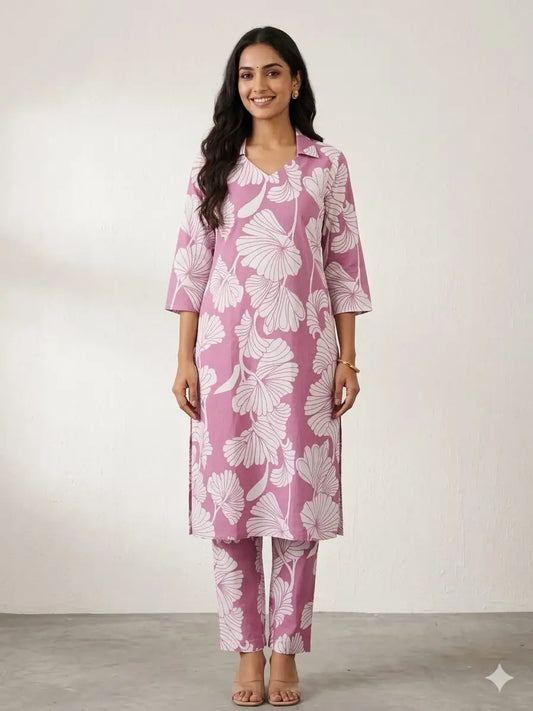 Pink with White Floral Printed Outdoor Wear Cotton Coords
