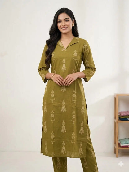 Olive Green with Tribal Printed Outdoor Wear Cotton Coords