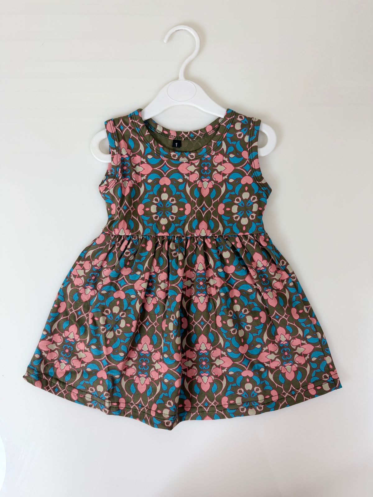 Olive Green Floral Medallion Print Kids Frock