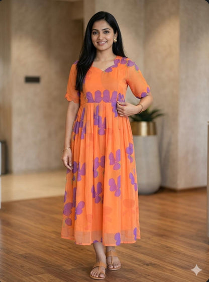 Orange Purple Floral Printed Georgette Feeding Maxi