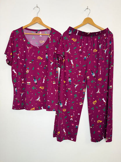 Wine Christmas Print T-Shirt and Palazzo Set
