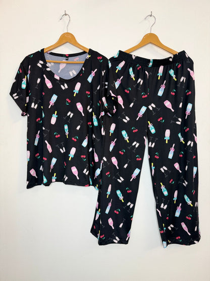 Black Cocktail Print T-Shirt and Palazzo Set