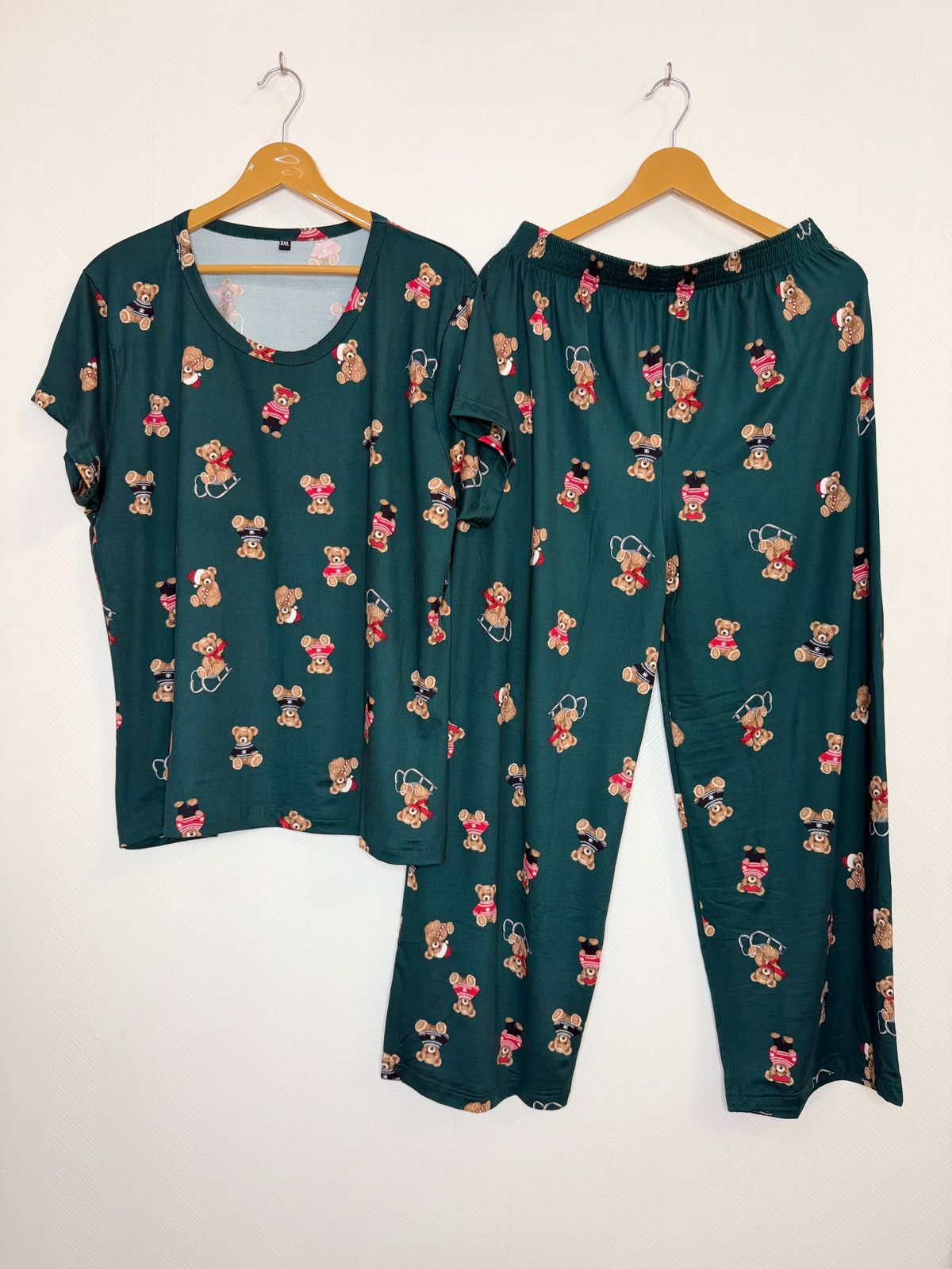 Dark Green Teddy Bear Print T-Shirt and Palazzo Set
