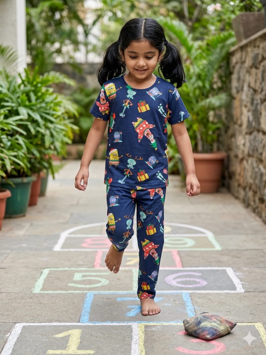 Navy Christmas Cartoon Print T-Shirt and Pant Co-ords