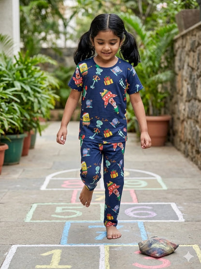 Navy Christmas Cartoon Print T-Shirt and Pant Co-ords