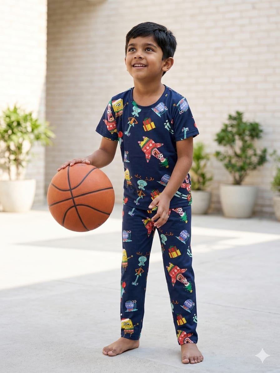Navy Christmas Cartoon Print T-Shirt and Pant Co-ords