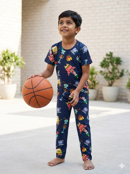 Navy Christmas Cartoon Print T-Shirt and Pant Co-ords