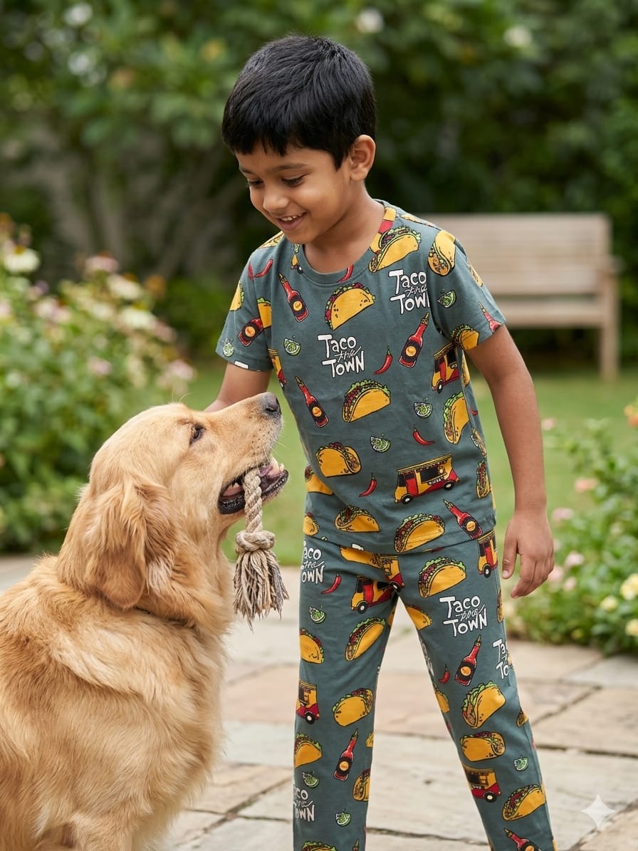 Green Taco Print T-Shirt and Pant Co-ords