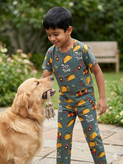 Green Taco Print T-Shirt and Pant Co-ords