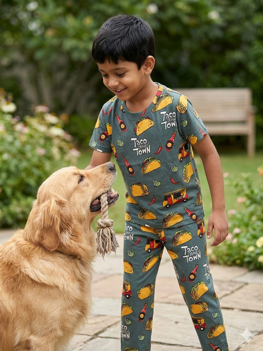 Green Taco Print T-Shirt and Pant Co-ords