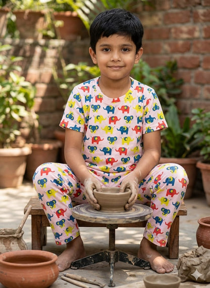 Pink Elephant Print T-Shirt and Pant Co-ords
