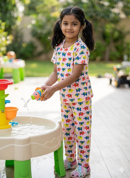 Pink Elephant Print T-Shirt and Pant Co-ords