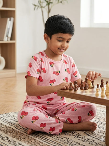 Pink Cherry Print T-Shirt and Pant Co-ords