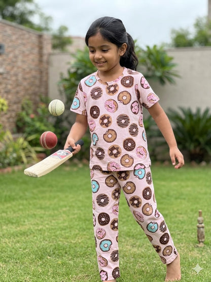 Pink Donut Print T-Shirt and Pant Co-ords