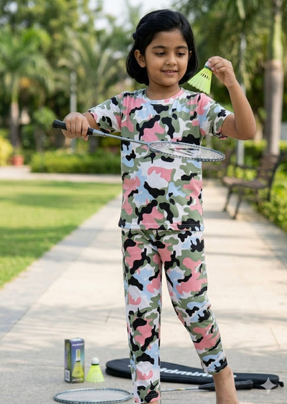 Multicolor Camouflage Print T-Shirt and Pant Co-ords