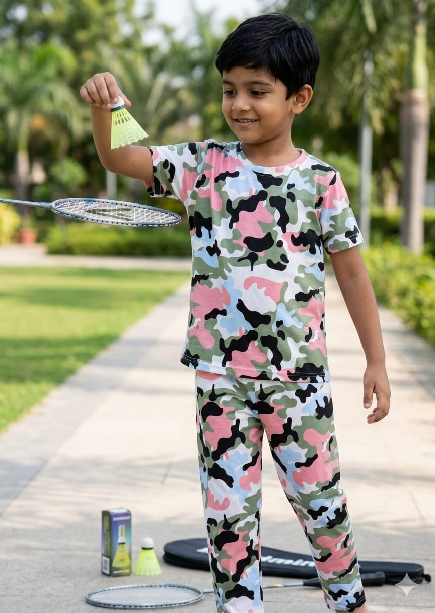 Multicolor Camouflage Print T-Shirt and Pant Co-ords