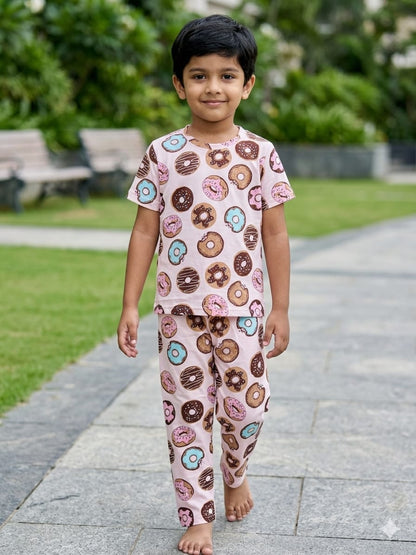 Pink Donut Print T-Shirt and Pant Co-ords