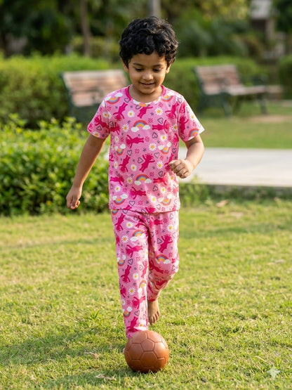 Pink Unicorn Rainbow Print T-Shirt and Pant Co-ords