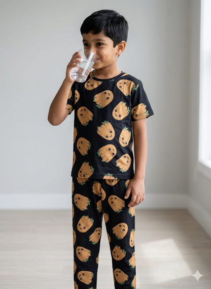 Black Groot Print T-Shirt and Pant Co-ords