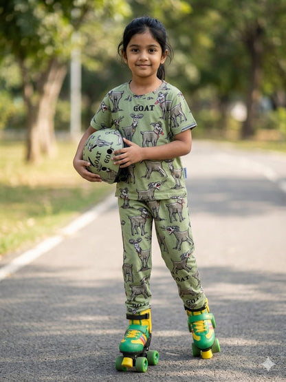 Olive Green Goat Print T-Shirt and Pant Co-ords